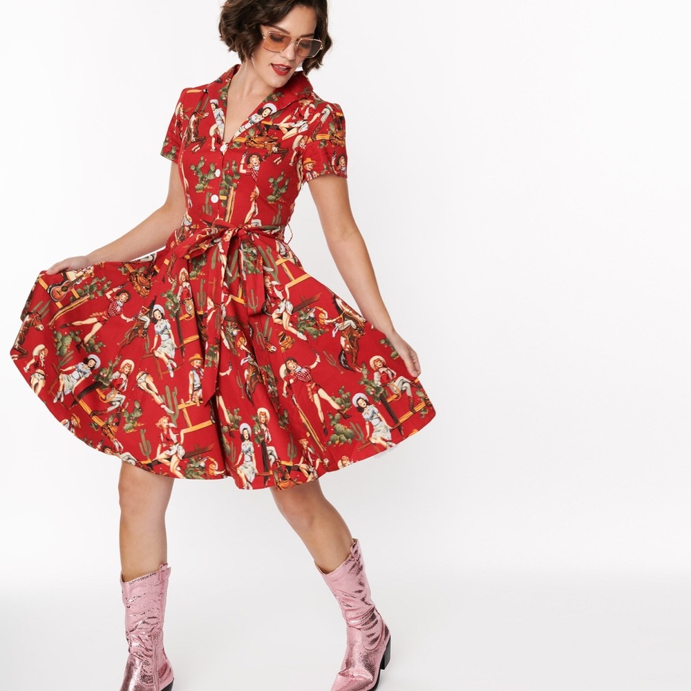 Red & Cowgirl Print Swing Shirt Dress